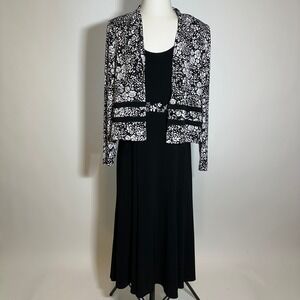 R&K Originals Black & White Floral 2 Piece Midi Dress & Jacket Set Womens Size 8